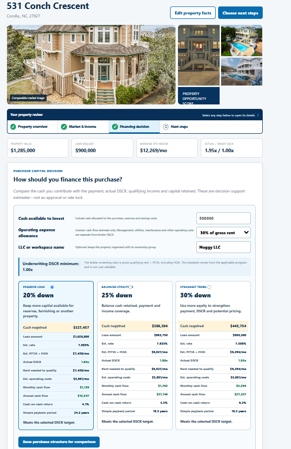 Financing comparison with three down-payment options