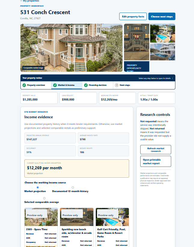 STR Advisory platform example for review market income and comparable rentals
