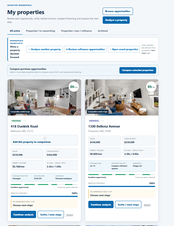 STR Advisory workspace organizing saved property decisions