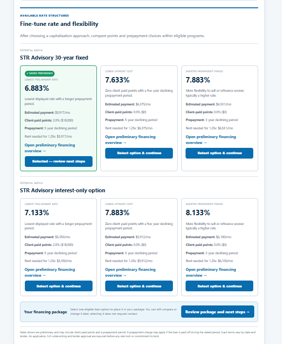STR Advisory platform example for compare rates, points, and prepayment structures